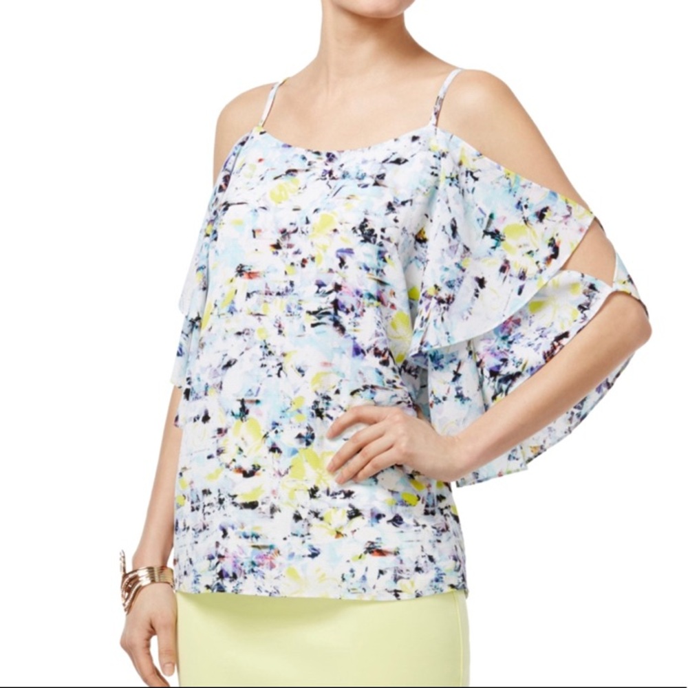 THALIA SODI COLD SHOULDER STRAP FLARE FAN SLEEVES WATERCOLOR PRINTS TOP